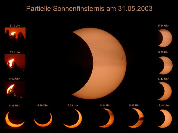 Eine Montage der beobachteten Sonnenfinsternisphasen<br>
Kamera: Digitalkamera (Casio QV5700)<br>
Ort: Leubnitz (Forst)<br>
1000mm Refraktor<br>
Baader-Sonnenfilterfolie
